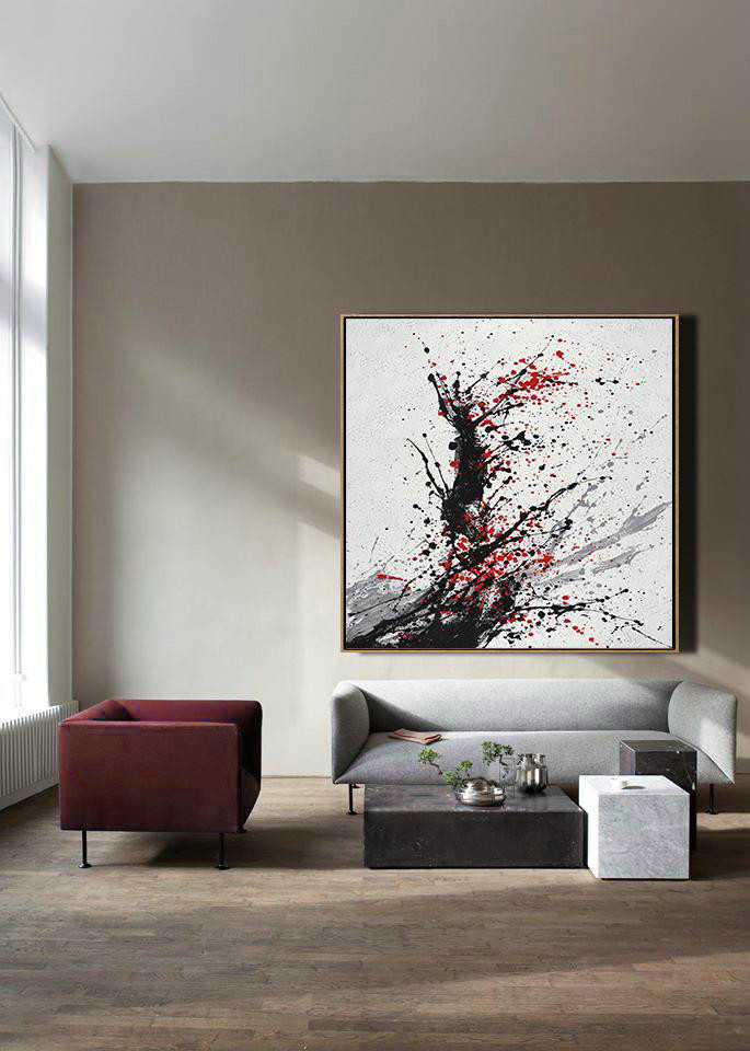 Extra Large Painting,Minimalist Drip Painting On Canvas, Black, White, Grey, Red - Hand Painted Acrylic Painting